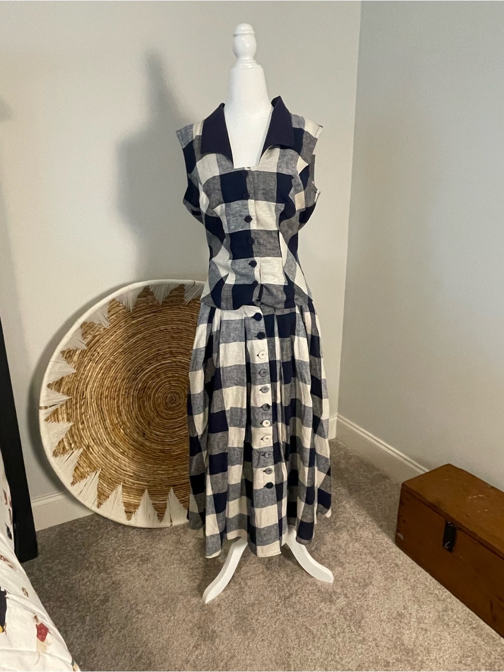 Navy and White Gingham Button-Front vest